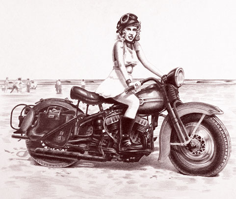 Drawing of a woman on an antique motorcycle.